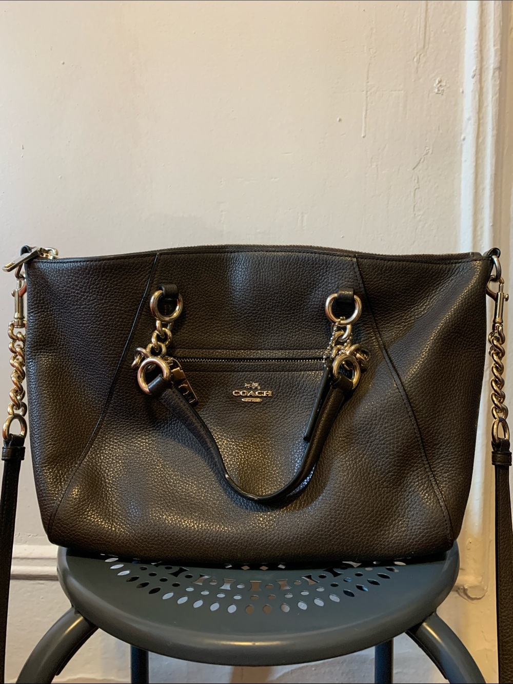 Coach Dark Brown Leather Bag with Gold Chain Accents